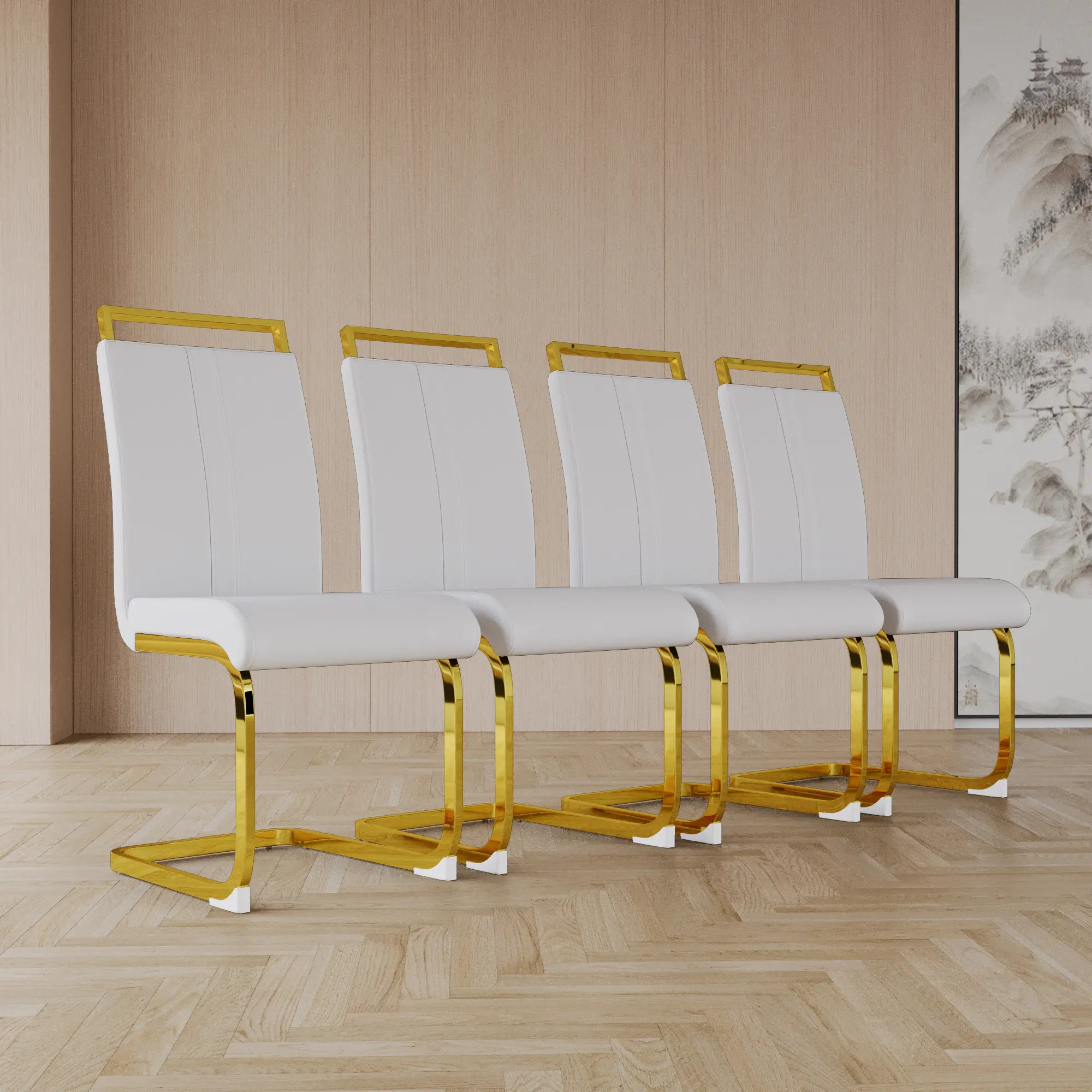 Modern Dining Chair, High Back PU Faux Leather Upholstered Side Chair, C-Shaped Tube Golden Metal Legs, Accent Chair for Dining Room Kitchen Vanity Office Guest Room (Set of 4)