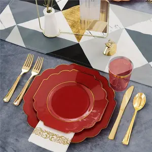 140pcs Red Plastic Plates, Gold Plastic Plates Served For 20 Guests Include 20 Dinner Plates, 20 Dessert Plates, 20 Knives, 20 Forks, 20 Spoons, 20 Cups, 20 Napkins For Christmas&Weddings&Parties