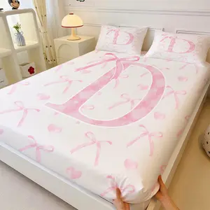 Custom Initial D Bow Fitted Sheet Set, 1 Fitted Sheet + 2 Pillowcases, Personalized Pink Watercolor Bow & Heart Print Bedding, Soft Breathable Microfiber Bed Linen for Girls Teens, Wrinkle & Fade Resistant, Bed Sheets Set