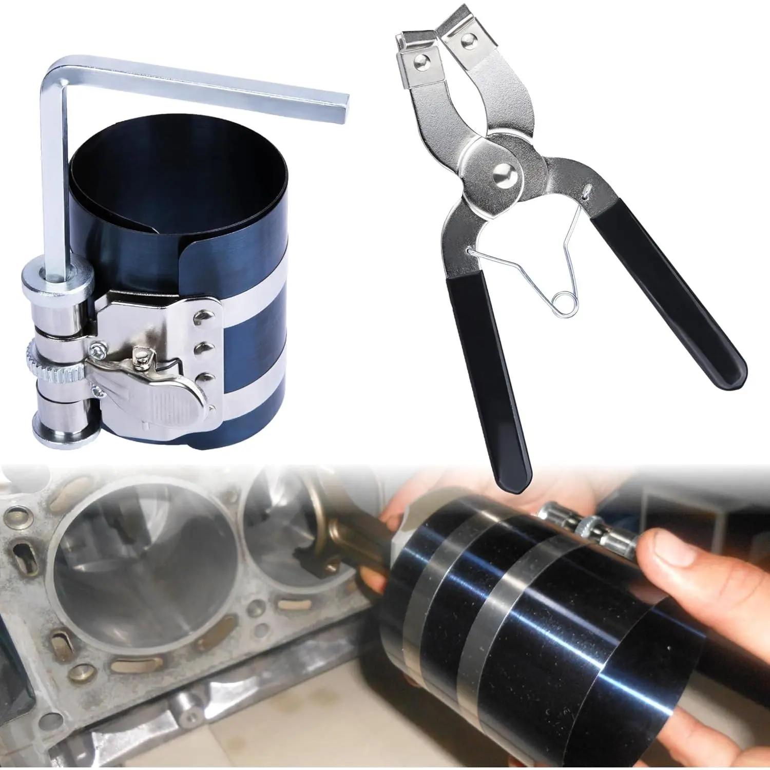 Ring Compressor Tool, Car Engine Piston Ring Installer Removal Kit, Adjustable Compression Range 2"-6.9" Diameter (53mm - 175mm), Compressor Tool with Pistons Rings Pliers