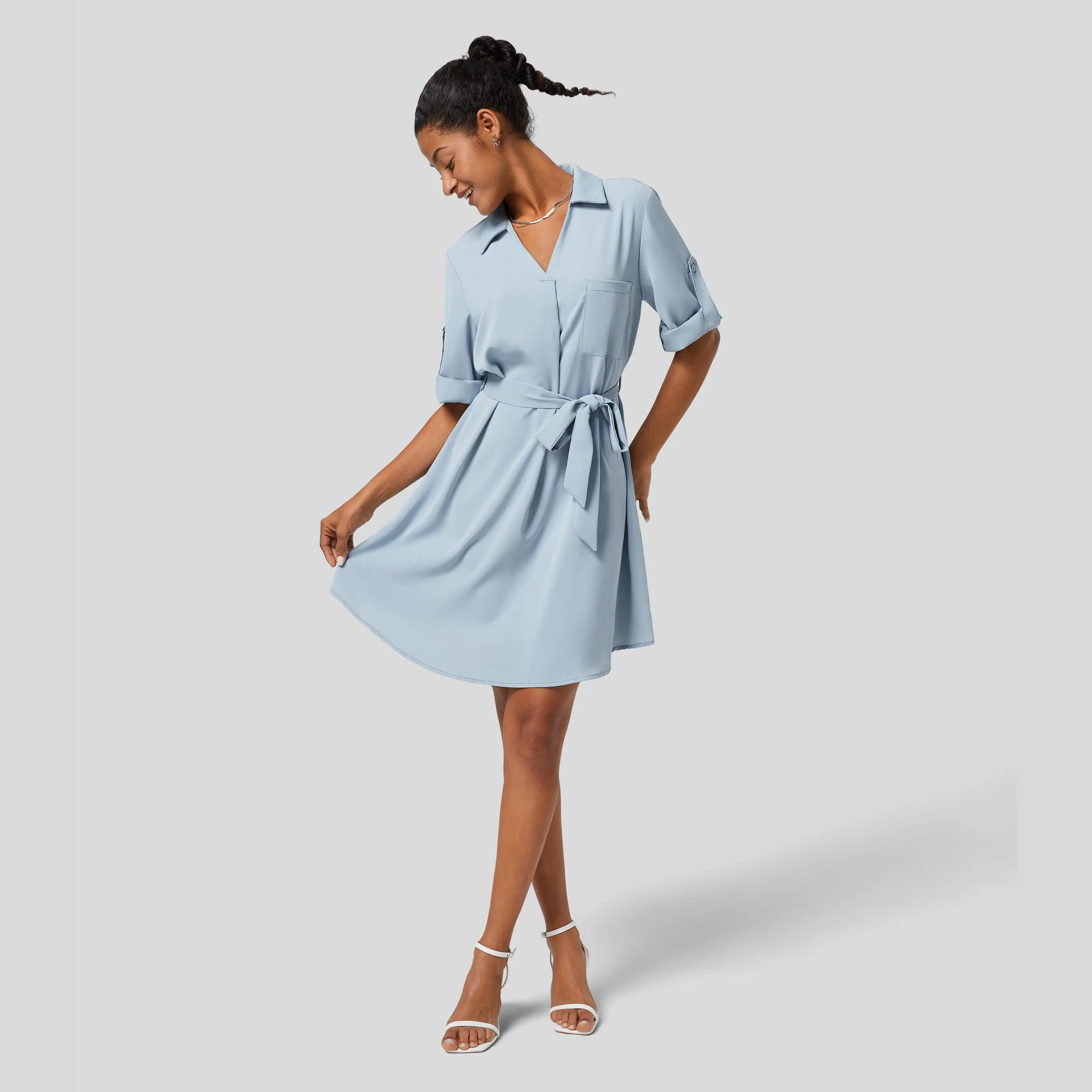 Halara Polyester Collared Roll-Up Sleeve Belted Relaxed Fit Simple Work Shirt Dress with Pocket, Ideal for Casual Wear