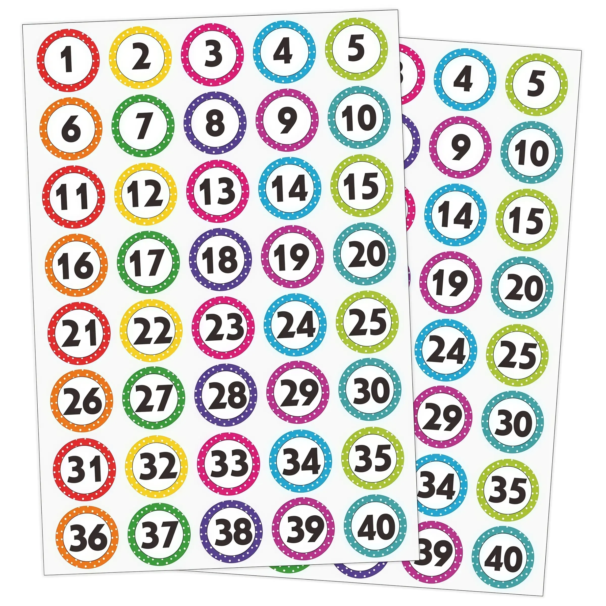 Colorful Number Stickers 1-40, Round Dotted Self-Adhesive Labels, Circle Sticker Label, Sticker Dots, Waterproof Digital Decals, Ideal for Classroom, Toy Organization, Storage Boxes