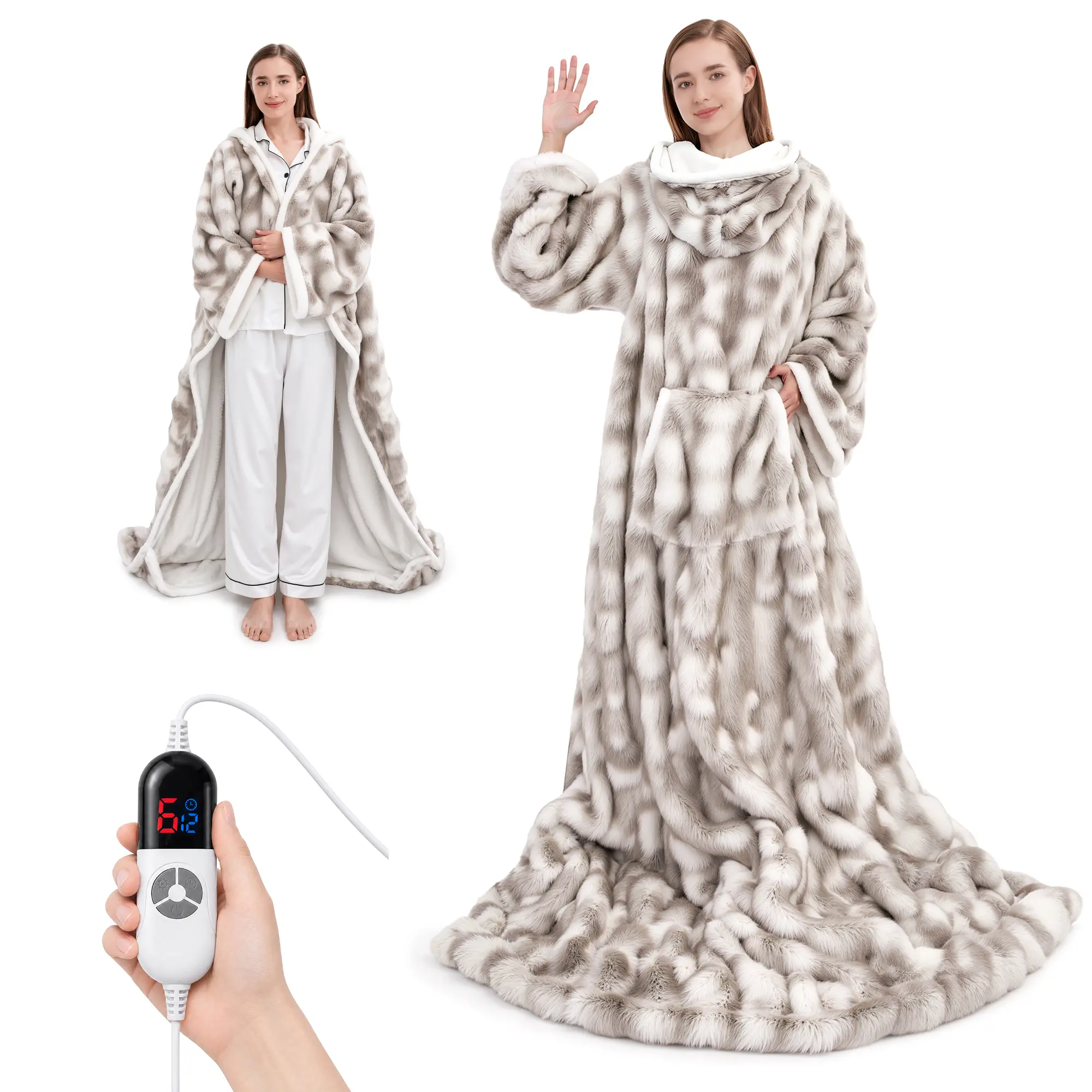 TEHANLD Wearable Heated Blanket with Sleeves, Detachable Hood & Foot Pocket, 6 Heat Settings, 1-12H Auto Shut Off, Portable Electric Heating Throw, 52" x 72", Warm Winter Gift for Family & Friends