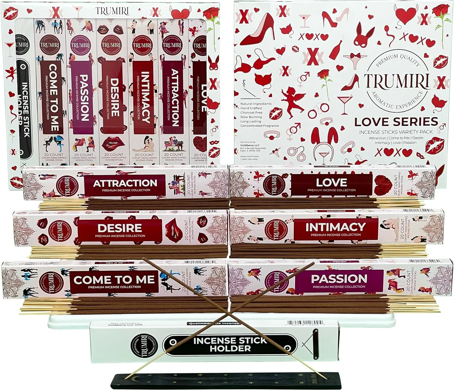 Trumiri Incense Sticks - Love Series - Total 120 Insence-Sticks (20 Insense x 6 Incents) - Incienso Inscents-Sticks for Spell to Rekindle Call Attract New Fire of Love + Incense Holder