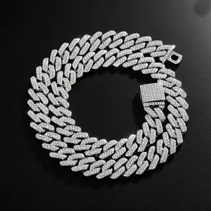 16/18/20/24inch Prong Cuban Link Chain for Women Men Iced Out 2 Row 15mm Rhinestone Miami Rhombus Hip Hop Cuban Necklaces Jewelry