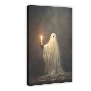 Vintage Halloween Cute Ghost Wall Art Halloween Ghost Holding Candle Canvas Posters Victorian Goth Dark Academia Horror Prints Painting For Living Room Bedroom Wall Decor