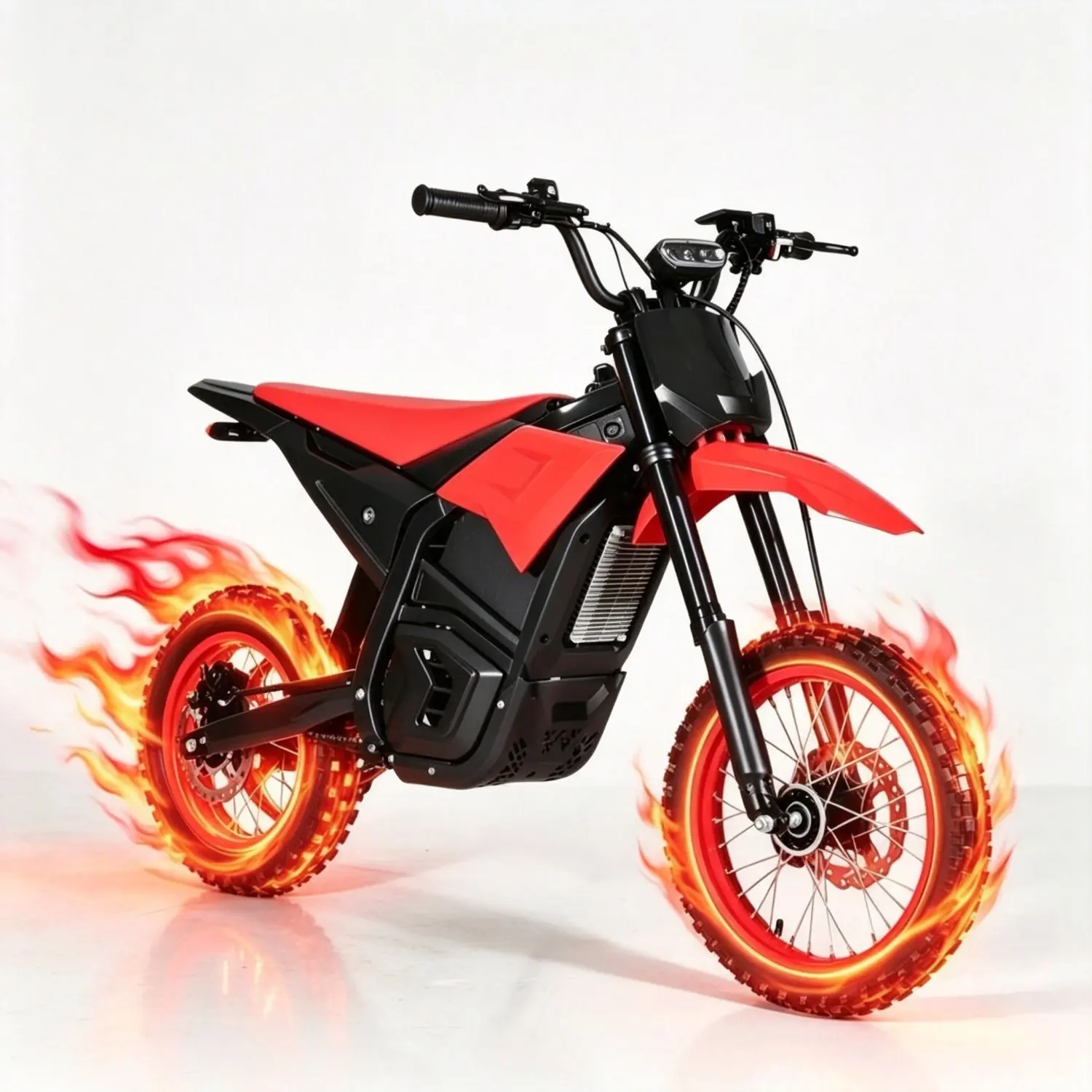Q1 Electric Dirt Bike with a peak power of 4500 W,  48 V 30 Ah battery, a top speed of 45 mph, a range of 53 miles, 4 speed settings, and 14-inch/12-inch knobby tires; suitable for teens and adults.