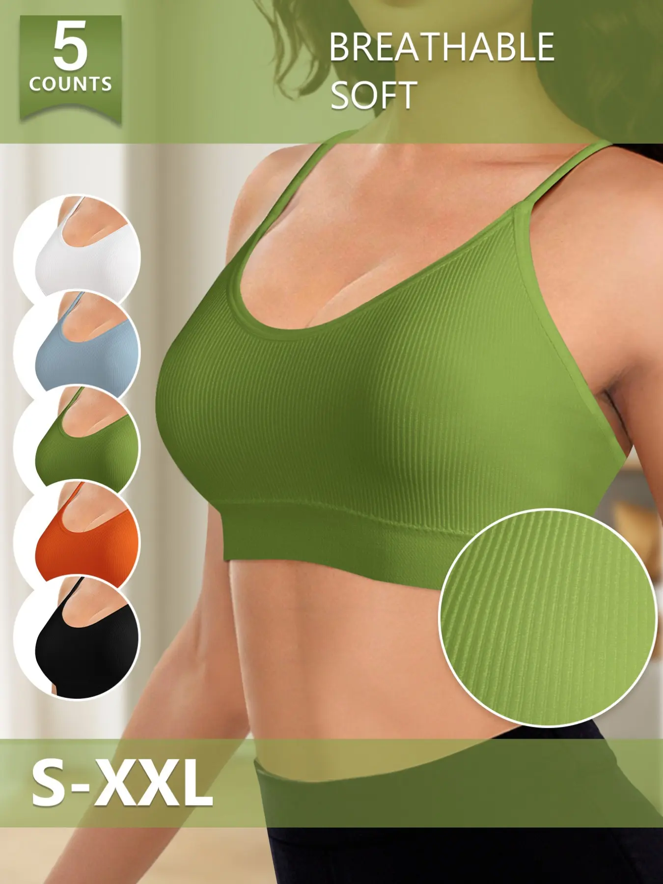 5-Pack Morelect Breathable Wireless Everyday Bras for Women, Soft Comfortable No Underwire, Multi-Color Backless Bra, Daily Medium Support Comfy Cozy Bra S-Xxl