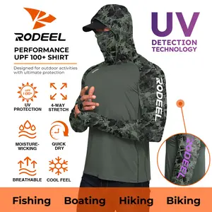RODEEL 934 Sun Hoodie Shirts w/ UV Detection Mask Neck Gaiter Thumbhole Men UPF 100+ Sun Protection Long Sleeve Lightweight Quick Dry Moisture Wicking Breathable Cooling Activewear for Outdoor Sport Fishing Construction Roofing, Holiday Gift