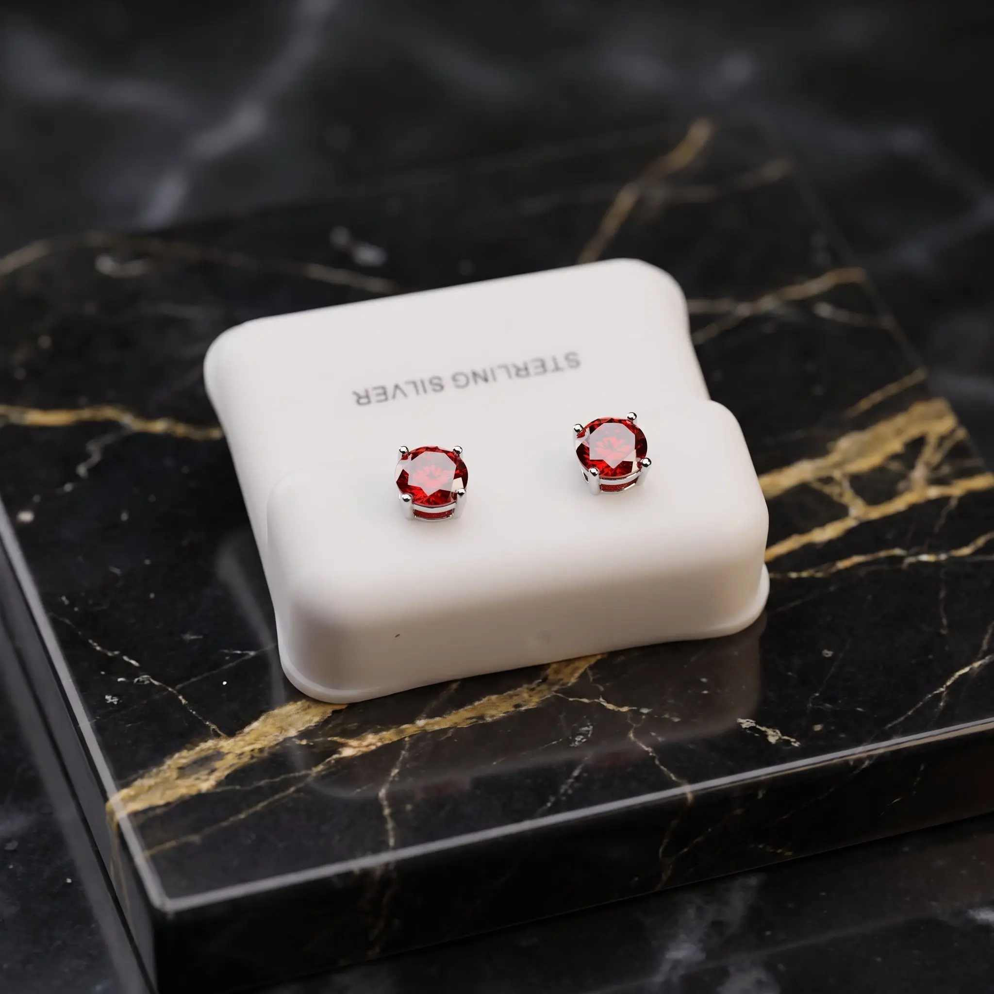 Ruby Red Cz Earrings Round 925 Sterling Silver 6mm
