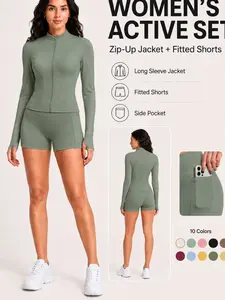 Women's Two-Piece Sports Set, Long Sleeve Zipper Jacket with Side Pockets, High-Waisted Cycling Shorts, Elastic Sportswear for Yoga, Fitness, Daily Wear, Sport Knit Set