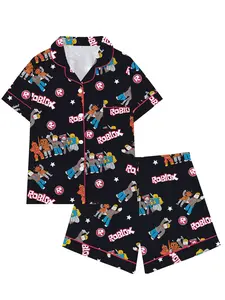 Teen Boys' Roblox Turn-Down Collar Short Sleeve Pajama Set, Comfortable Print Sleepwear, Fun Game Pajamas, Cartoon Print Pajama, All Seasons Wear