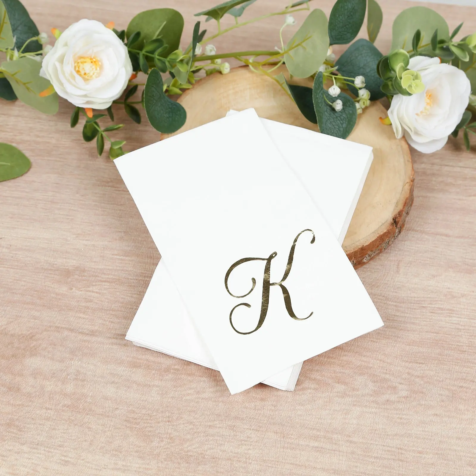 100-Pack Paper Dinner Napkins White with Gold Foil Monogram "K" – 8"x4" Folded, Disposable Party Napkins