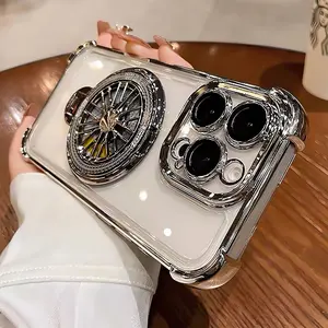 Premium Electroplated Frame Transparent Phone Case Cover, Anti-Drop Air Cushion Lens Protection, Rotating HUB Stand, Fits iPhone 17 Pro Max/16 Pro/15-11