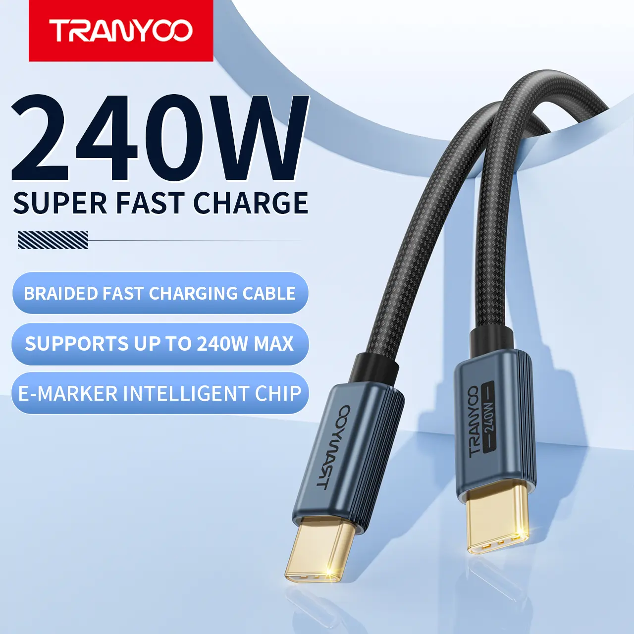 TRANYOO T-CC-7 240W USB-C Fast Charging Cable, Mini Aluminum Alloy Design, 48-Braided Nylon Cord, E-Marker Chip, PD Fast Charge for Laptop, Tablet & Phone, 1.2M