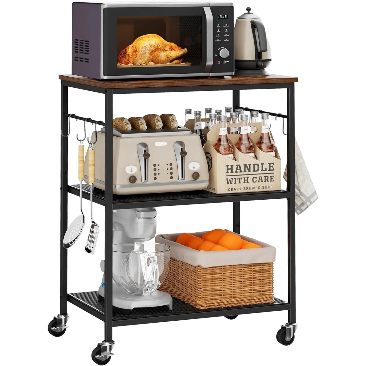 Homleke 3-Tier Rolling Kitchen Microwave Cart, Rustic Brown & Black Utility Cart with 6 Hooks, Coffee Bar Station, Small Appliance Storage Shelf