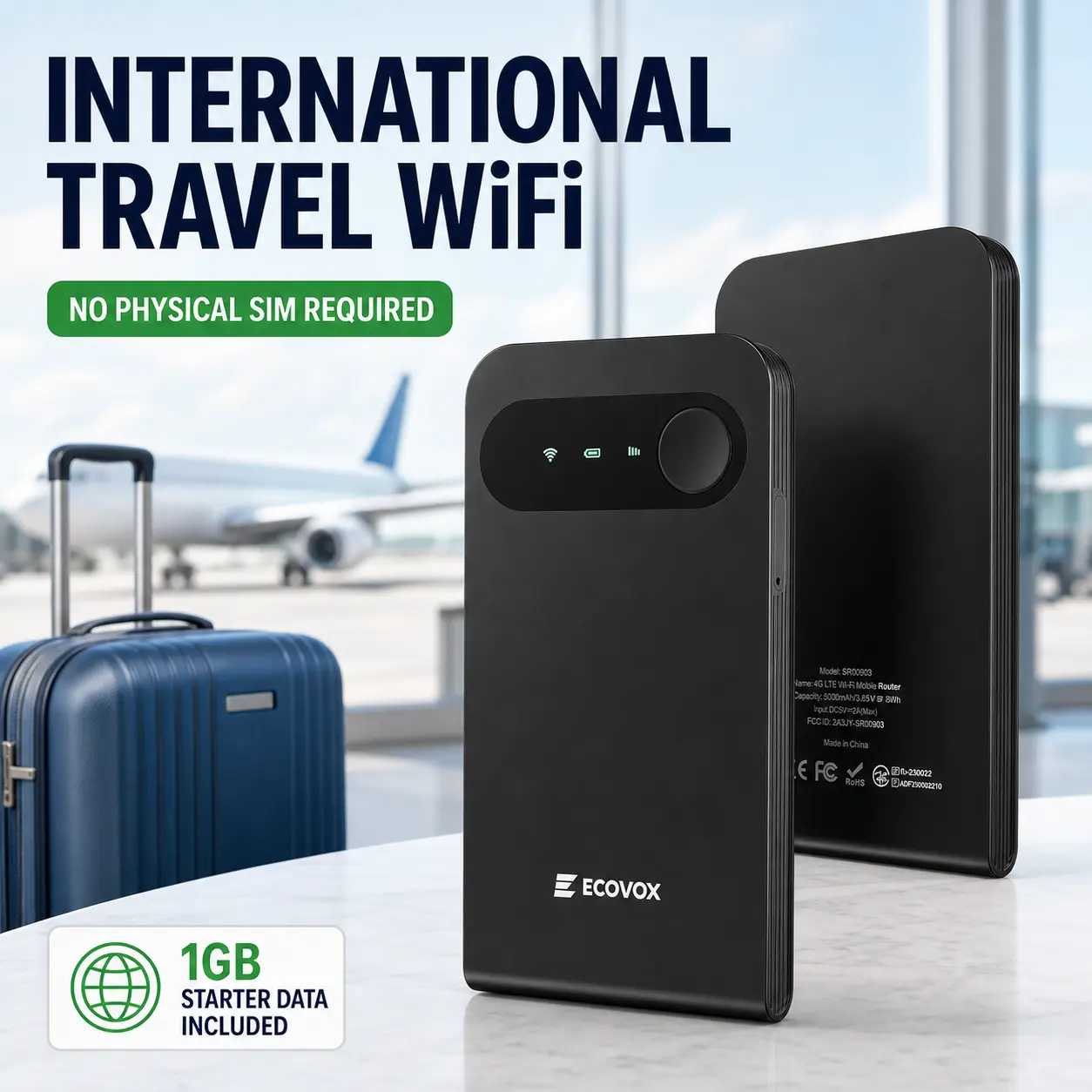 ECOVOX International Travel WiFi Hotspot, No Physical SIM Portable 4G LTE Pocket Router, 150+ Countries, WiFi 6, Up to 9 Devices, 1GB Starter Data Included