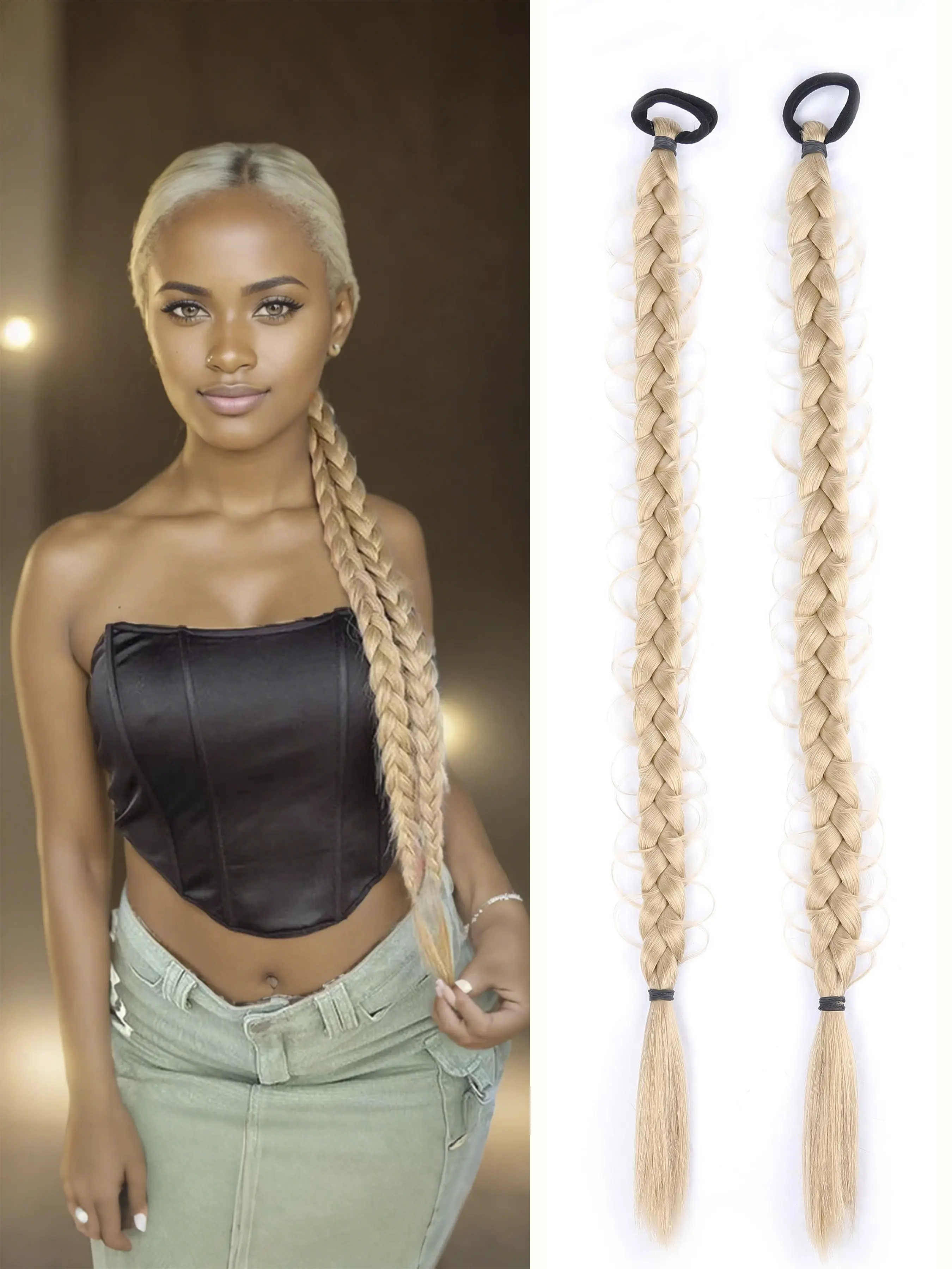 2 Pieces Braided Ponytail Extensions with Hair Ties Soft Natural Synthetic Ponytail Hair Pieces for Women Girls Daily Hairpieces Accessories 24 Inch