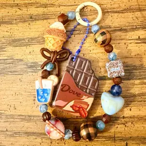 Beaded Keychain with Ice Cream Cone Chocolate Bar and Bow Charm for Stylish Accessory