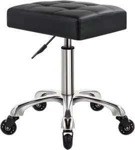 Heavy Duty Rolling Stool with Wheels Hydraulic Swivel Adjustable Rolling Stool Ergonomic Thick Leather Rectangle Seat Chair for Kitchen Drafting Lab Office Salon Message Counter – Black