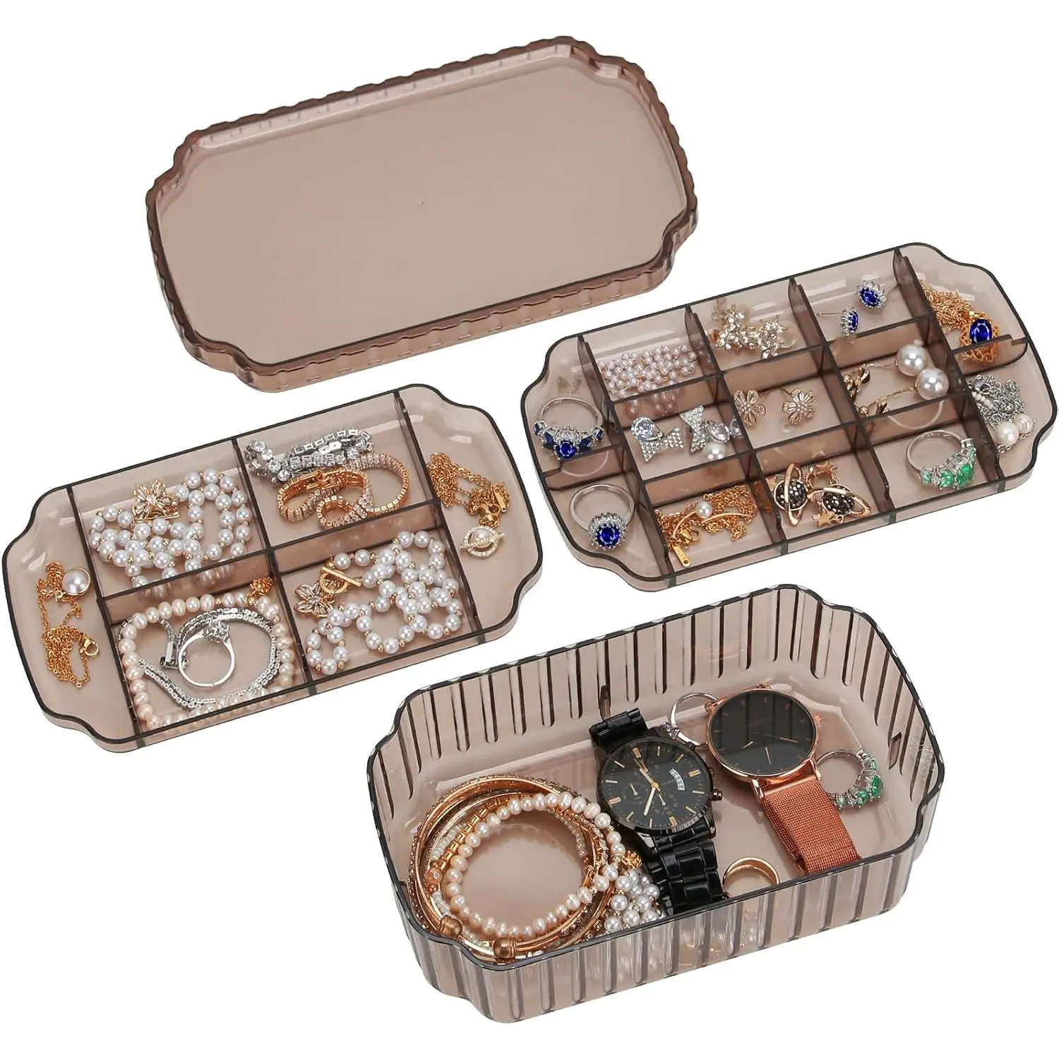 3-Layer Jewelry Organizer Box for Earrings, Rings, Necklaces & Bracelets – Clear Plastic Bead Storage Containers for Crafts, DIY Accessories, Jewelry Display & Home Organization Coffee