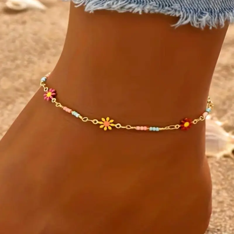 Boho Style Colorful Daisy Pendant Anklet, Trendy Jewelry, Adjustable Design, Women/Girls Beach Vacation Party Daily Wear, All-Season Gift, Jewelry Accessories, Trendy Fashionable Accessories
