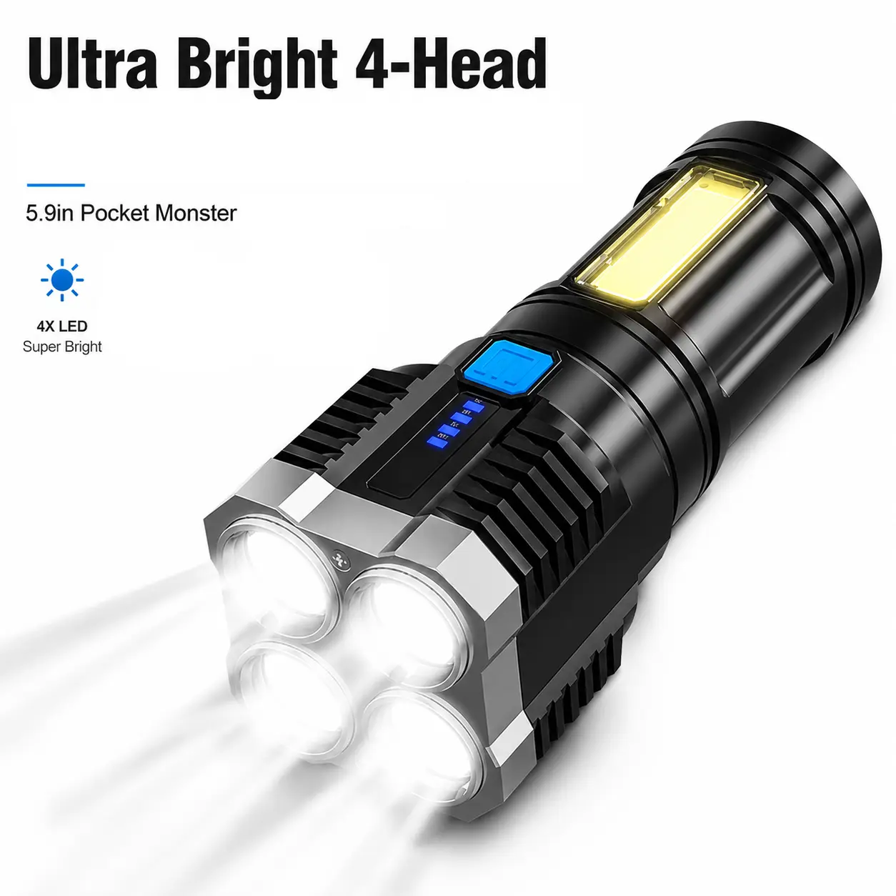 Ultra Bright 4 LED Pocket Flashlight, Rechargeable Handheld Torch with COB Wide Side Light, Portable Emergency Flashlight for Camping, Hiking, Fishing, Cycling, Household Repair, Walking, Power Outage and Night Outdoor Activities