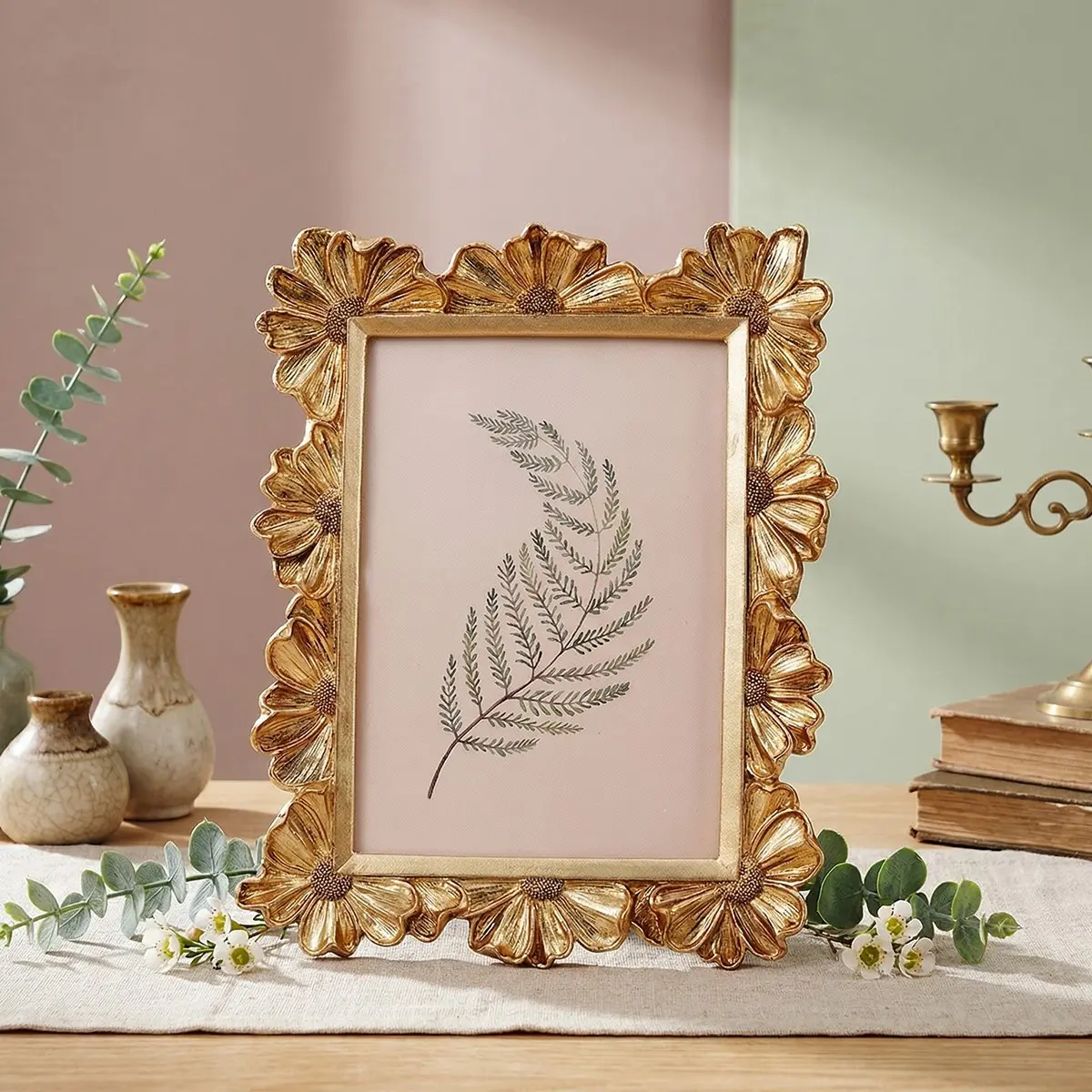European Style Daisy Flower Pattern Decorative Frame, Picture Frame, Photo Frames, Resin Hand-Painted Photo Display, Indoor Desktop Decoration, Aesthetic Room Decoration, Wedding Party Props, Framed Home Decor