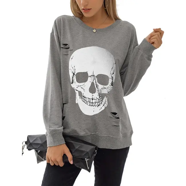Blooming Jelly Halloween Sweatshirts Skull Graphic T Shirts Women's Long Sleeve Pullover Tops Gothic Fall Clothes Casual Hoodie #SwimWeek #Summervibes
