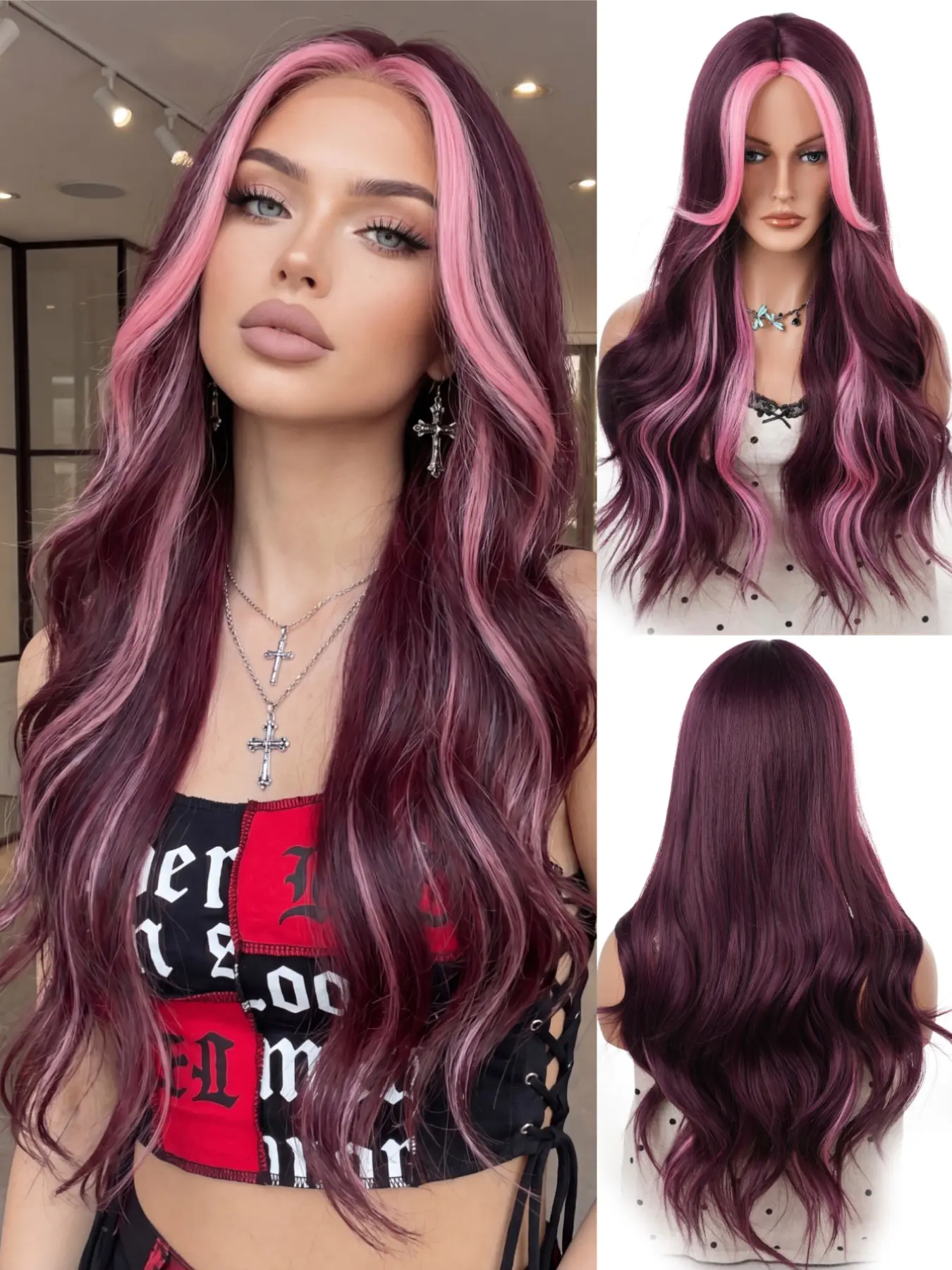 30-Inch Wine Highlights Glow Long Wavy Curly Synthetic Wig for Women, Heat-Resistant Synthetic Fiber, Party & Daily Wear, Millennial Style, Machine Made Wigs