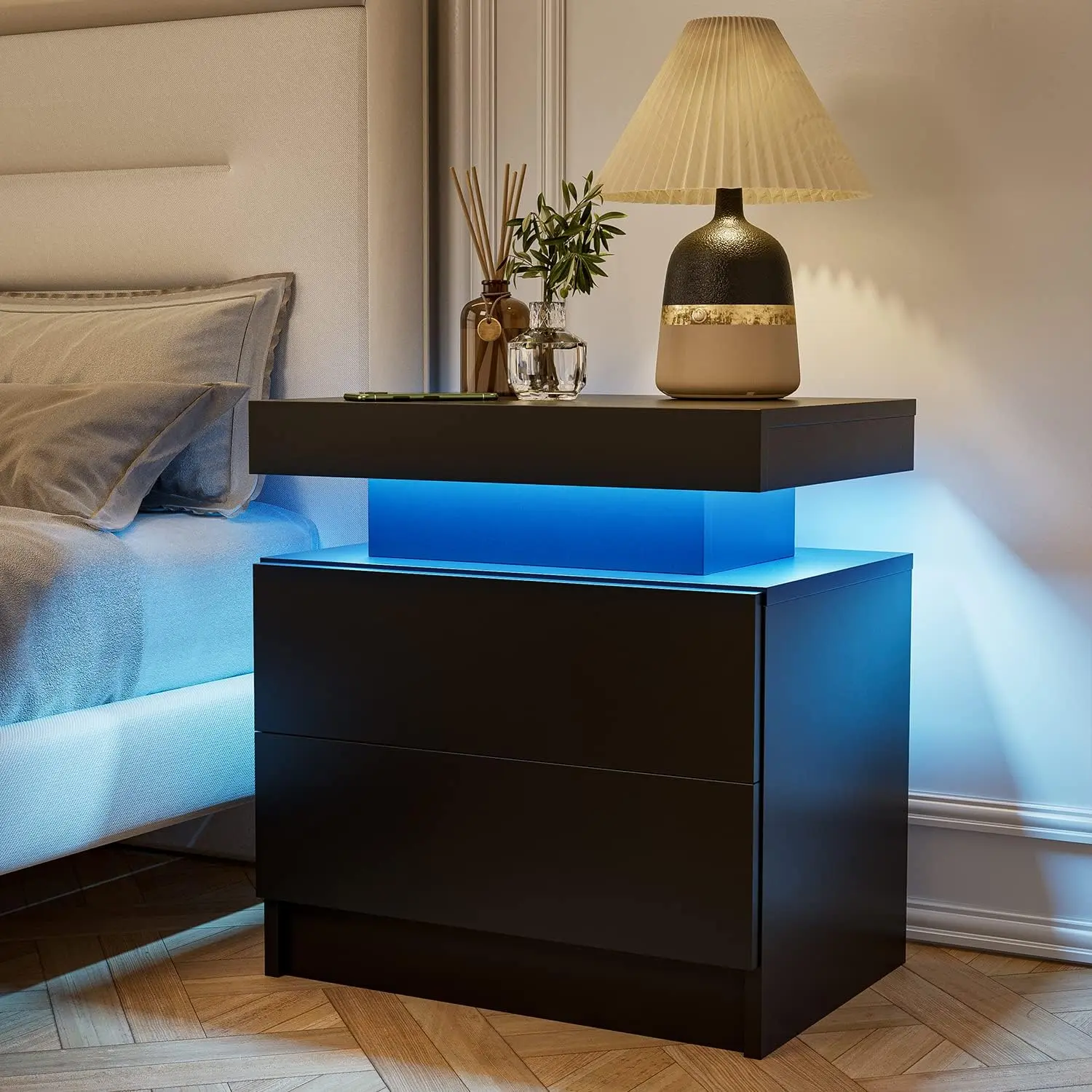 Modern LED Bedside Table with 2 Convenient Drawers - Minimalist Indoor Bedroom Nightstand Cabinet, LED End Table (Black), Led Bedside Tables