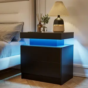 Modern LED Nightstand with 2 Convenient Drawers - Minimalist Indoor Furniture Bedside Table Cabinet for Bedroom (Black), Nightstands With Drawer