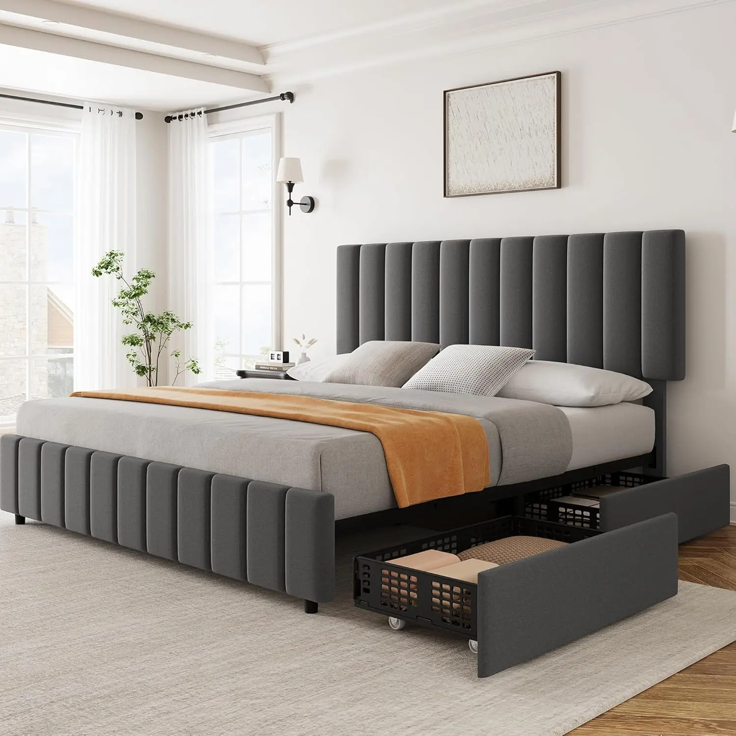 Linen Bed Frame with 4 Storage Drawers and Adjustable Headboard for a Clutter-Free, Cozy Bedroom
