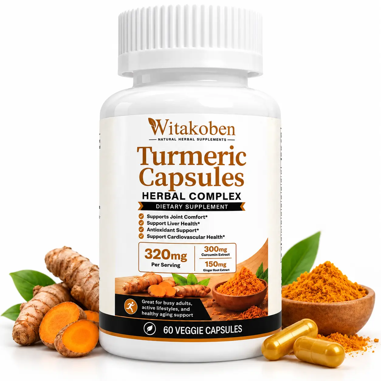 Turmeric Dietary Supplement Capsules, 9-in-1 Complex with Boswellia, Milk Thistle, Ginger, CoQ10, Zinc & Vitamin D3, Joint Comfort & Mobility Support, Antioxidant Health, 60 Veggie Capsules