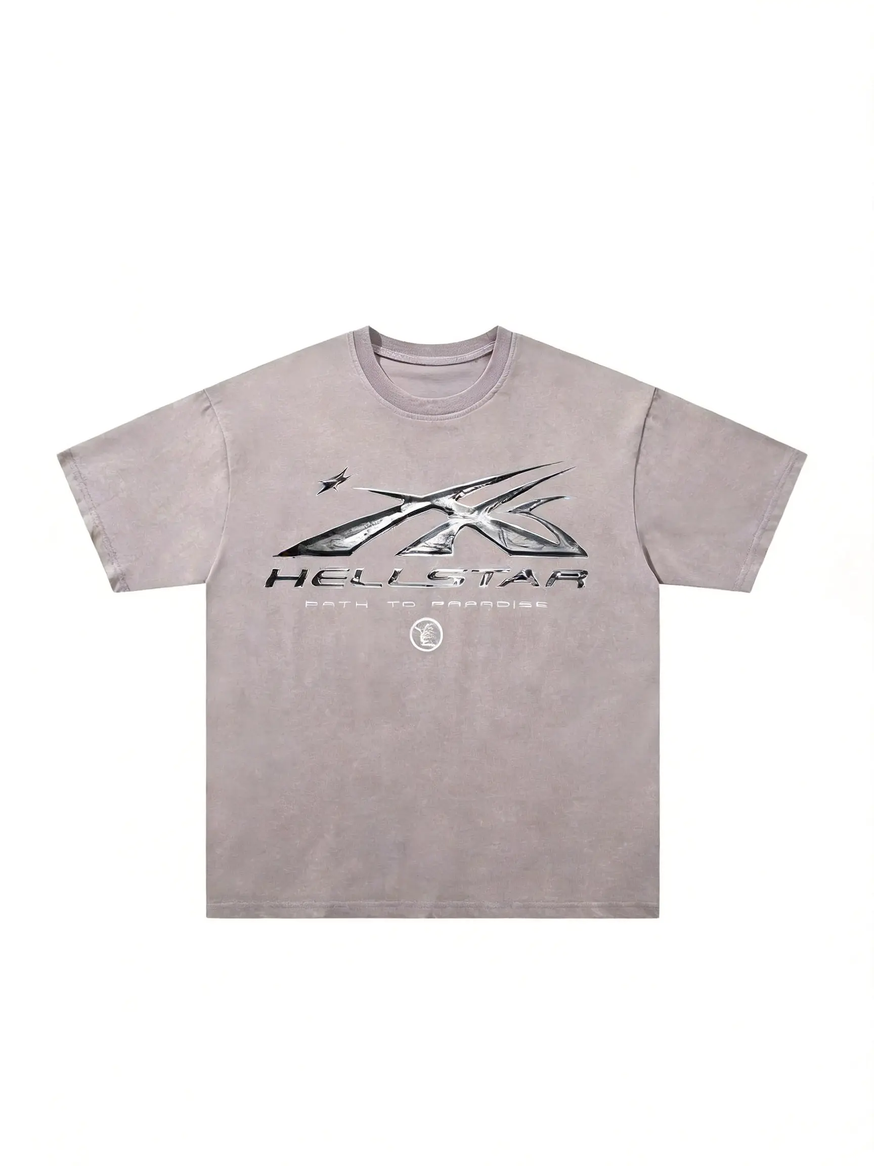 Hel Star T-Shirt - Gray Short Sleeve Crew Neck with "Hel Star" Logo, Casual Style for Men