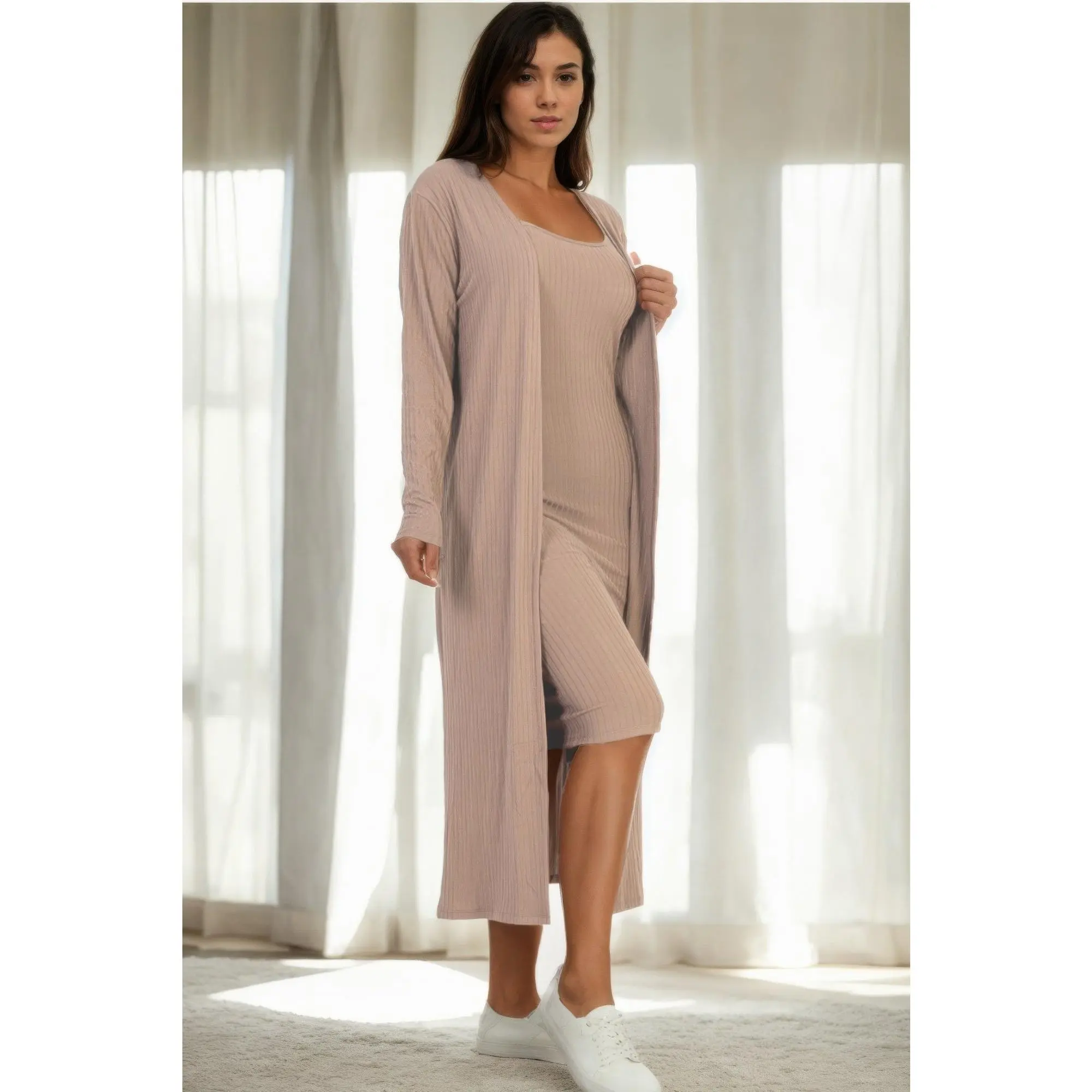 Ribbed Cardigan & Cami Midi Bodycon Dress Casual Womenswear Fabric Chic