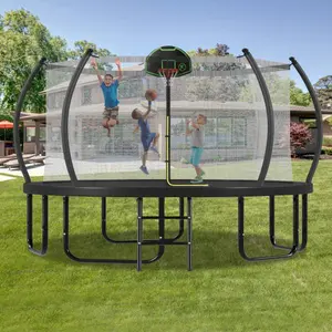 12FT/14FT/16FT Trampoline with Basketball Hoop for Kids and Adults, Round Outdoor Trampoline with Enclosure Net & Curved Poles & Ladder