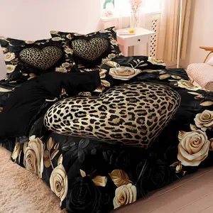 Leopard Heart Rose Print Bedding Set, 3 Piece Polyester Fiber Sheet Set (1 Flat + 2 Pillowcases), No Core Design, Home Decor Essentials, Decorative Bedsheet Sets, Comfy Bed Sets, Bed Sheet Sets