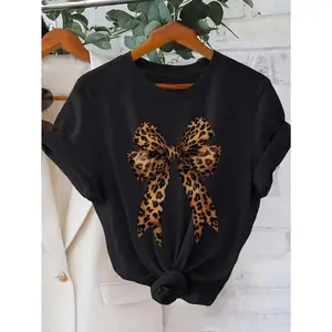 Leopard Print Bow Printed  T-shirt  Material Comfortable and Breathable Top Machine Washable Unisex Women