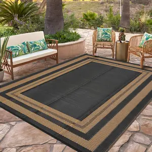 Outdoor Rug, 320GSM PP Tube Woven Patio Carpet, Modern Border Design Grey & White Plastic Woven Floor Mat for Deck Porch Balcony Camping