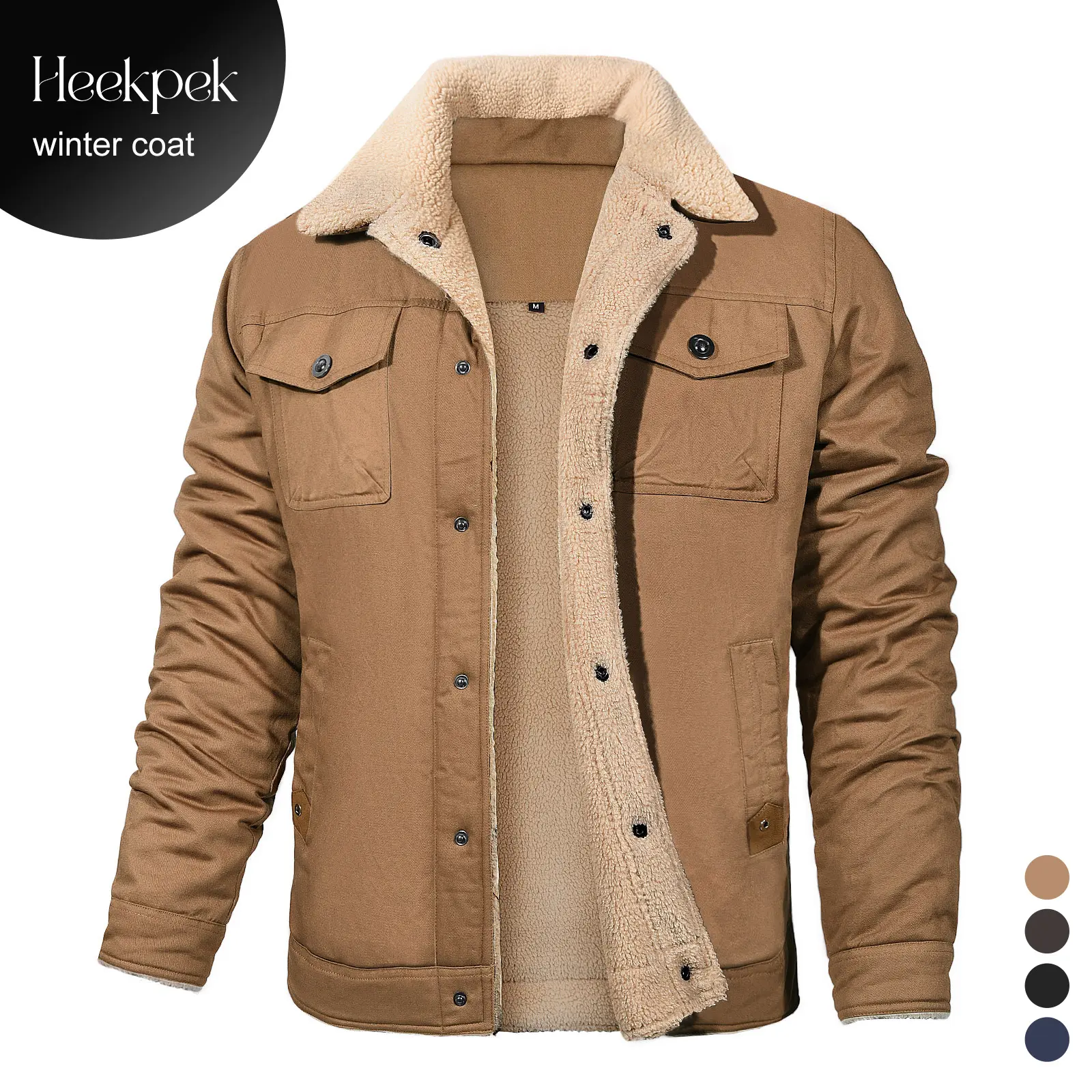 【Off-Season Clearance】Men's Winter Jacket Sherpa Lined Jacket Warm Trucker Coat Multi Pocket Casual Collared Menswear Tops Cotton Fleece Long Sleeve FallFreshness Khaki Beige Jacket Outdoorfun