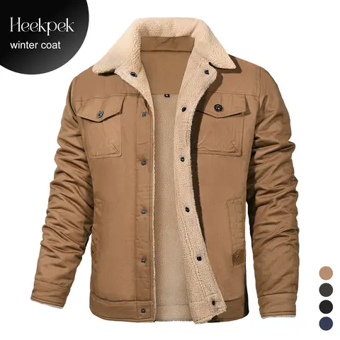 【Early Bird Price】HEEKPEK Men's Sherpa Lined Winter Trucker Jacket Warm Multi Pocket Casual Jacket Collared Menswear Tops Cotton Fleece Long Sleeve FallFreshness, Plain, Solid Plain, Multiple Pockets