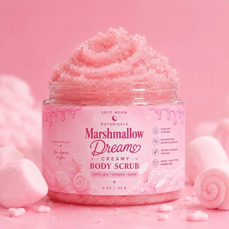 Marshmallow Dream Body Scrub – Creamy Exfoliating Sugar Scrub for Dry Skin, Dull Skin & Rough Texture | Leaves Skin Soft, Smooth, Hydrated & Glowing