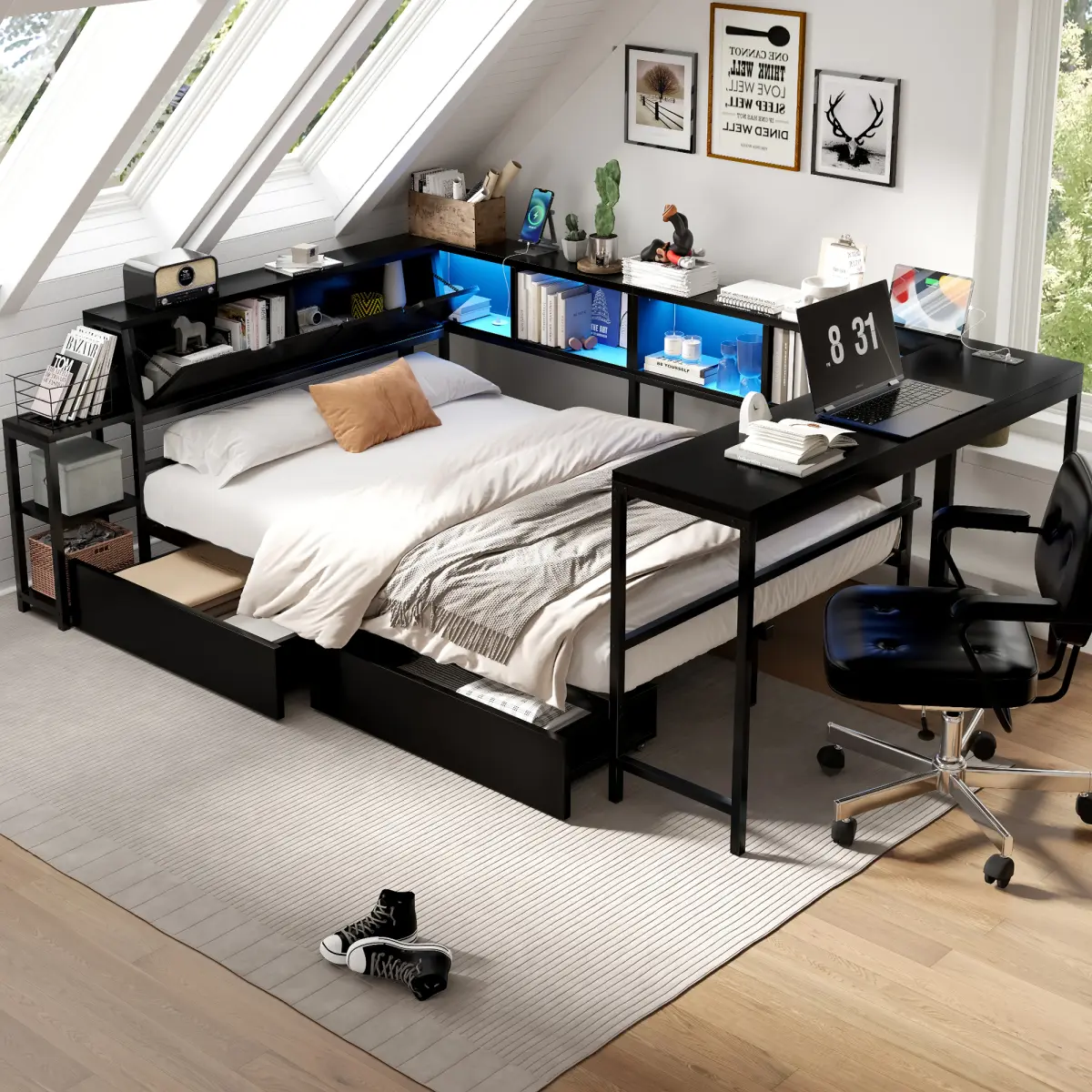 [Bellemave]Corner Bed Frame Twin Size with Bookcase and 2 Underbed Storage Drawers, Modern Twin Bed with LED Light and Charging Station, Black