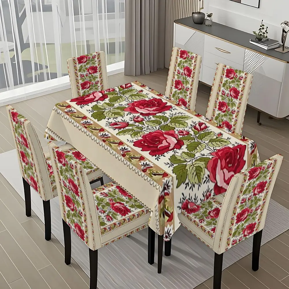 5/7-piece 2D Flat Printing Beige Background with Red Flowers and Green Leaves Pattern Printing Tablecloth and Chair Cover Set, for dining table and chair decoration, for home, holiday gatherings, restaurants, and parties, Tablecloth Chair Covers