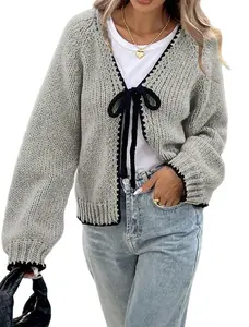 Women's Gray Contrast Trim Tie Front Cardigan Casual V-Neck Lantern Sleeve Knit Sweater Knitwear Fitted Basic Minimalist Womenswear Tops Knitting Vneck