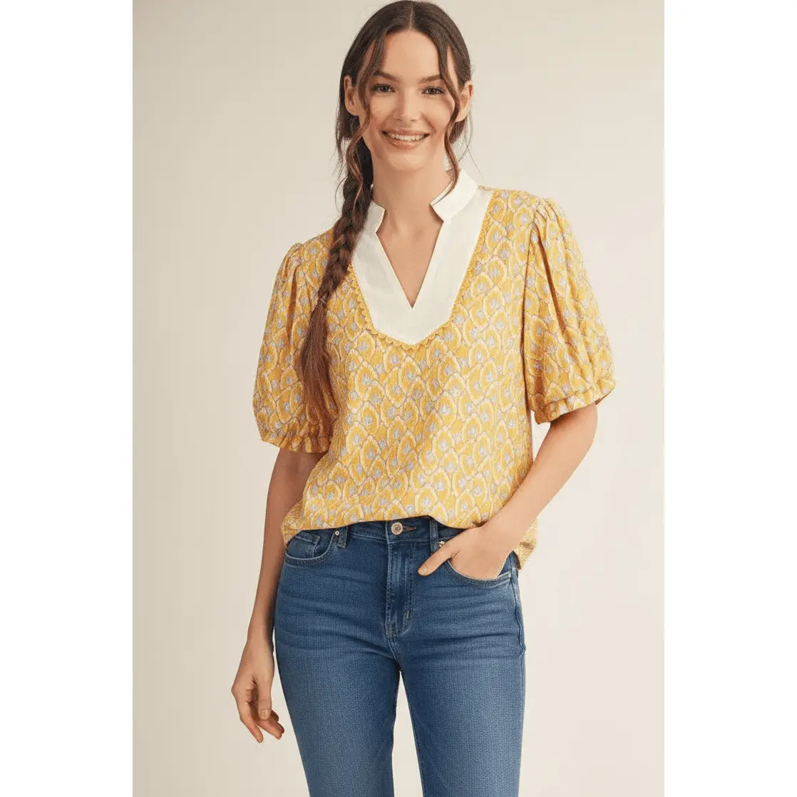 Women's Jodifl Boho Floral Print Blouse, Casual Shirt with Solid Contrast Standing Puff Neckline, Shirts