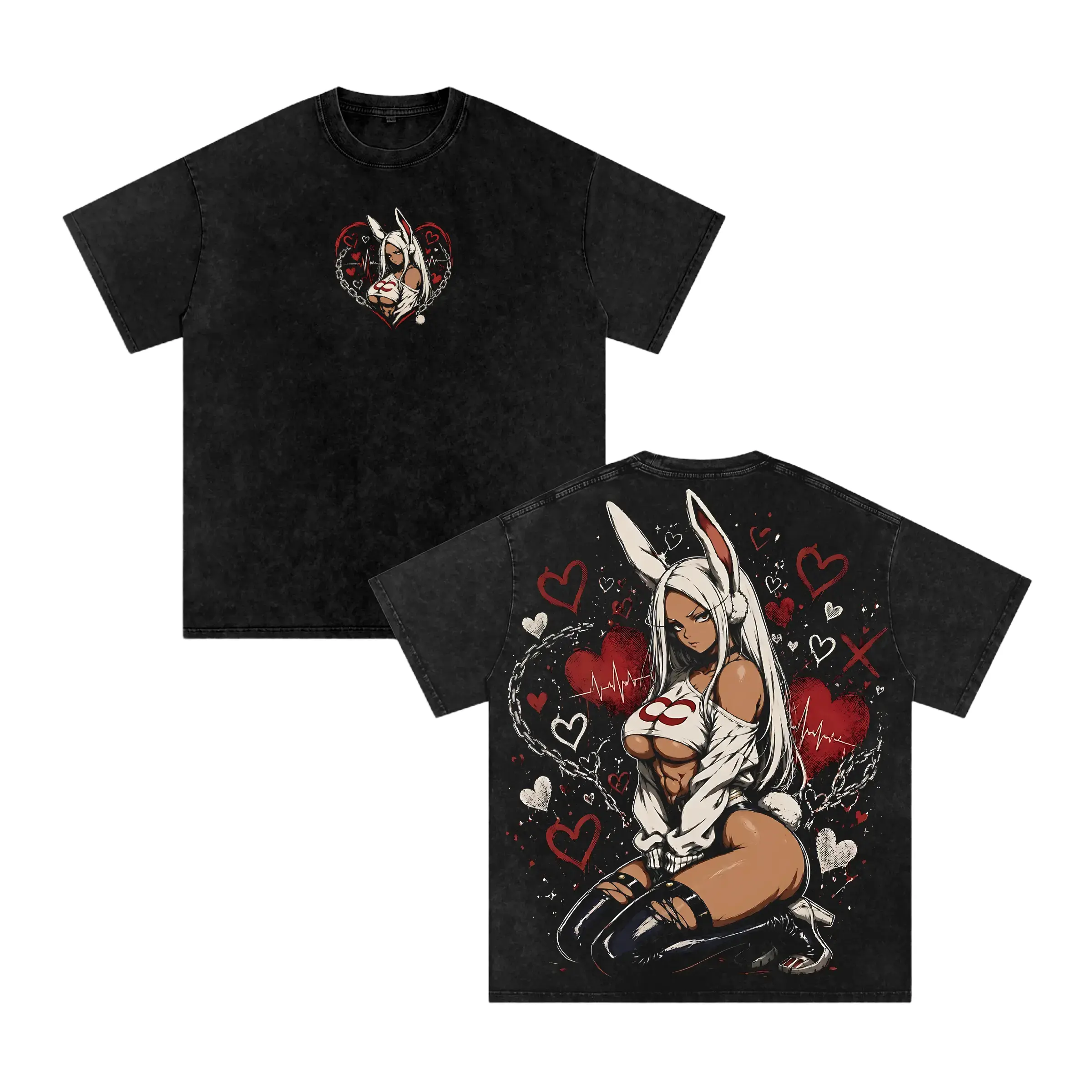 Red Heart Barbed Wire Shonen Anime Vintage Washed T-Shirt Tiny Chain Heart Mirko Logo Chest Oversized Kneeling Mirko Rabbit Hero Red White Heart Splash Back Casual Short Sleeve