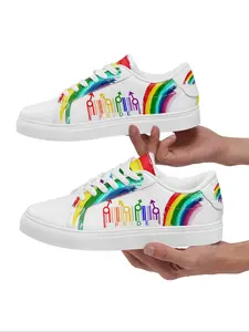 Women's Rainbow & Letter Print Lace Up Sneakers, Casual Breathable Comfortable Sports Shoes, Female All-match Round Toe Shoes for Daily Wear, Casual Walking Sneakers, PU Leather Sneakers