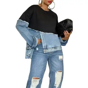 Women's Vibrant Color -Block Sweatshirt with Denim Panels | Raw -Edge Accents Trendy Street Style